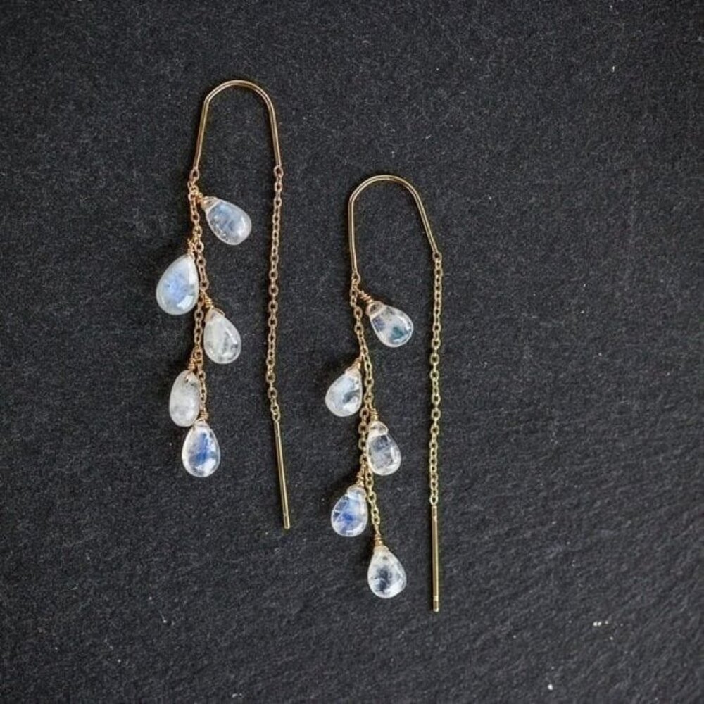 Moonstone Threader Earrings Gemstone Dangle Gold Non-tarnish Earrings Gorgeous - Picture 4 of 13